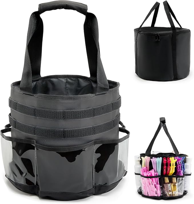 Hairstylist Travel Bag, with Dust Cover, 11L Large Capacity, Heat-Resistant Interior, Clear Pockets, 24 Hook-and-loop Slots, Top Drawstring, Makeup & Pet Grooming Supplies Organizer