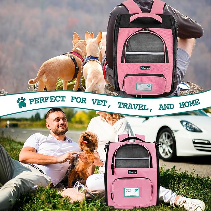 PetAmi Dog Backpack Carrier Airline Approved Cat Pet Puppy Bag, Pink | Ideal for Small Medium Large Pet up to 18 lb, 2 Side Entry Structured No-Collapse Frame, Ventilated Bookbag for Hiking Travel