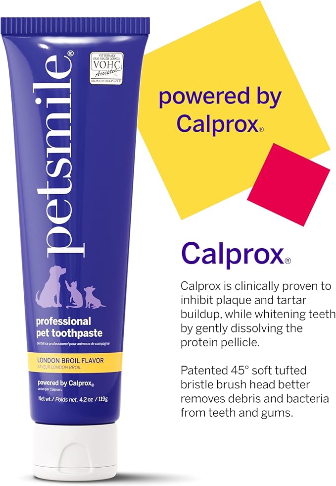 petsmile Professional Pet Teeth Brushing Kit for Cats & Dogs - VOHC Accepted Toothpaste & Patented Toothbrush - Proven to Control Plaque & Tartar Calprox Formula (London Broil, 4.2 Oz)