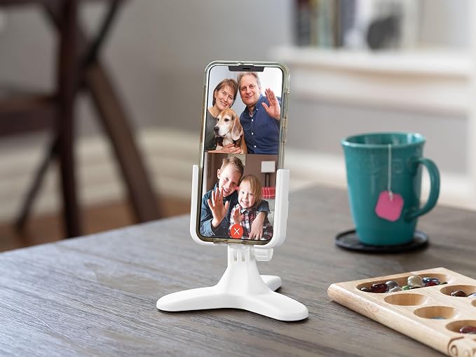 WeatherTech DeskFone Two View in White - Adjustable, Universal Cell Phone Holder Mount Stand for Desk, Counter, Table - Tripod Design for iPhone & Smartphone Charging - Orange Metal Knobs
