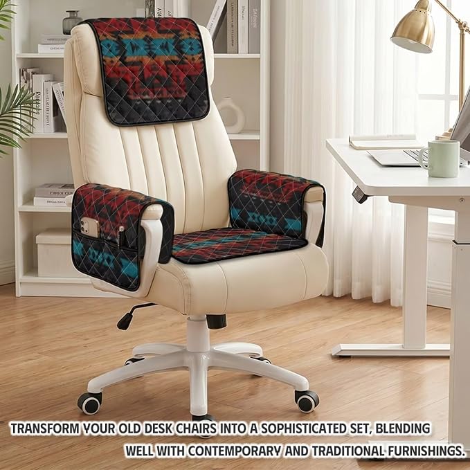 Aztec Geometric Recliner Chair Covers with Pockets 4-Piece | Tribal Quilted Recliner Furniture Protectors for Reclining Chair Lazy Boy Recliners Armchair, Pet Friendly Non Slip