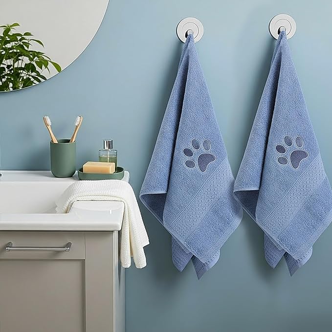 SmoothNovelty 2 Pcs Dog Paw Hand Towels Blue Bathroom Decor 13 x 29 Inch 100% Cotton Embroidered Hand Towels Soft Absorbent Farmhouse for Kitchen Restroom