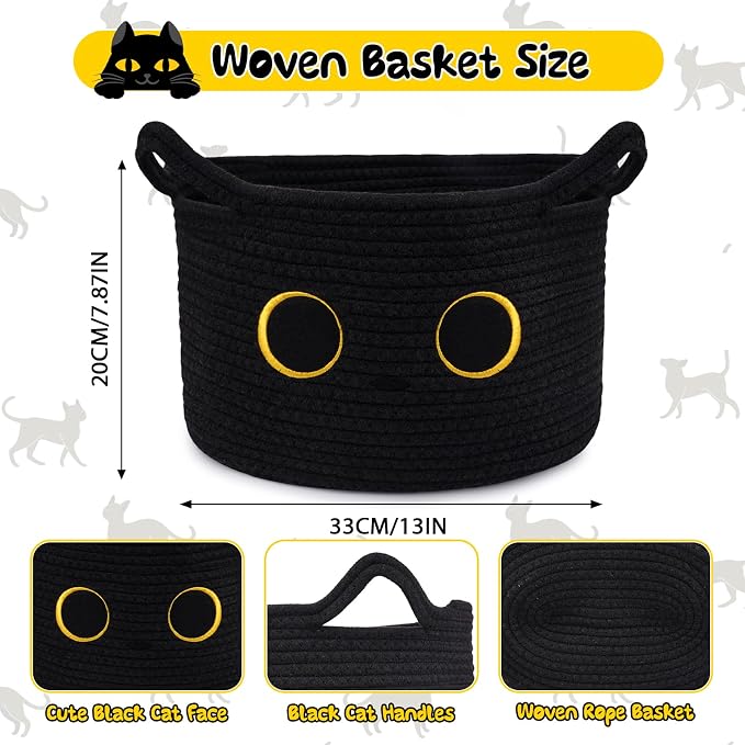 Cute Cat Toy Basket, Large Cotton Rope Toy Bin Box for Cats Bin | Oval Baby 0rganize Blanket Shower Hamper with Handles, Decorative Storage Cat Bin, Halloween Decor,13"D x 8"H IN