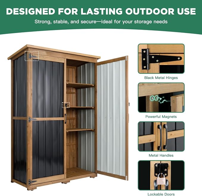 Ketive Outdoor Storage Cabinet, Wood & Metal Storage Shed with Weather-Resistant Roof, Double Lockable Doors, Removable Shelves & Adjustable Feet, for Patio, Backyard, Poolside, 46" x 18" x 68"