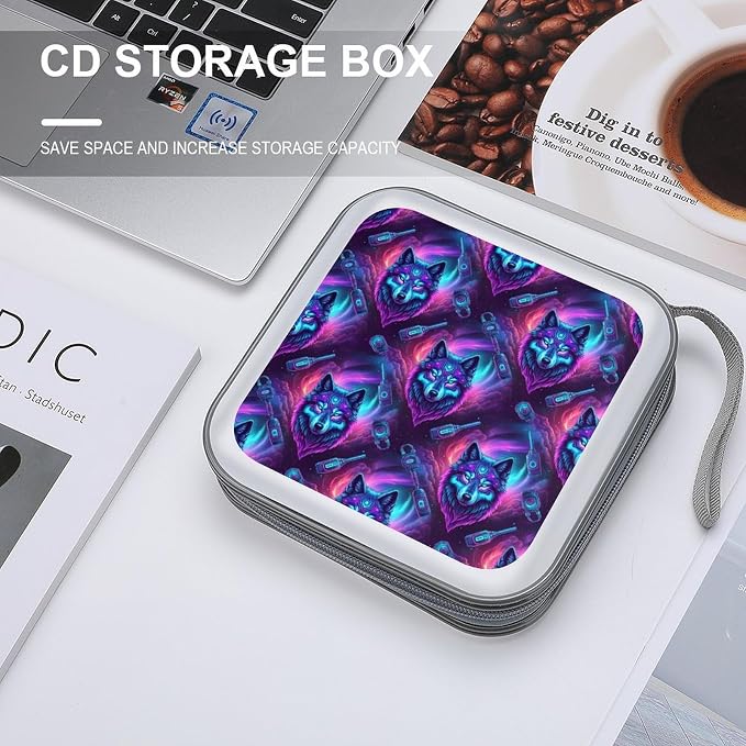 Hard Plastic CD/DVD Organizer Moon Galaxy Wolf, 40-Disc Storage Binder with Zipper, Portable Protective Case for Car Office