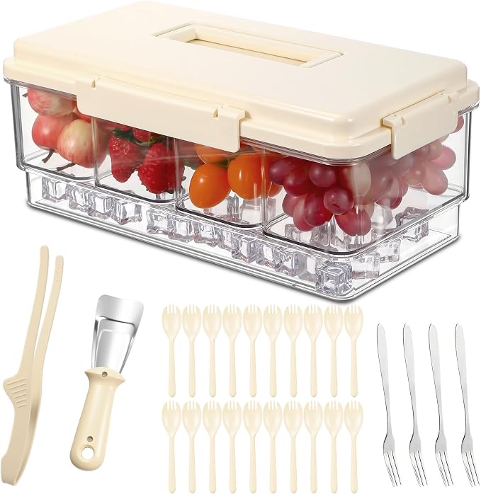 Chilled Condiment Caddy with Handle 4 Containers Taco Bar Serving set for a Party 1 Tong, 1 Ice Scraper, 4 Metal Forks, 20 Spoons for Mimosa Bar Supplies Accessories(Beige)