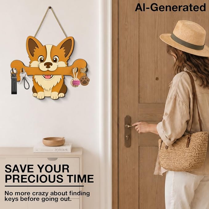 Gifts for Dog Lovers, Cute Dog Leash Holder for Wall, Puppy Key Holder Wall Mount with 4 Keys Hooks, Wooden Key Hooks for Collars, Entryway Garage Living Room Kitchen Mudroom