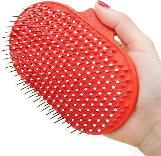 Pet Rubber Grooming Brush Bath Brush Massager with Adjustable Loop Handle Stainless Steel Pin, Random Color