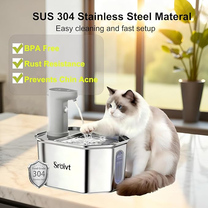 Cordless Cat Water Fountain Stainless Steel - Stainless Steel Cat Water Fountain Cordless - Water Fountain for Cats - Wireless Pet Water Fountain - Motion Sensor/Battery Operated 2.6L,1 Filter