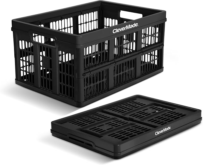 CleverMade Collapsible Utility Crate (100% Recycled) - 45L - Obsidian | Create Stackable Order for Groceries, Tools, and Gear | Each Crate Holds 66 lb, Folds Under 3 Inches, and Carries Easily