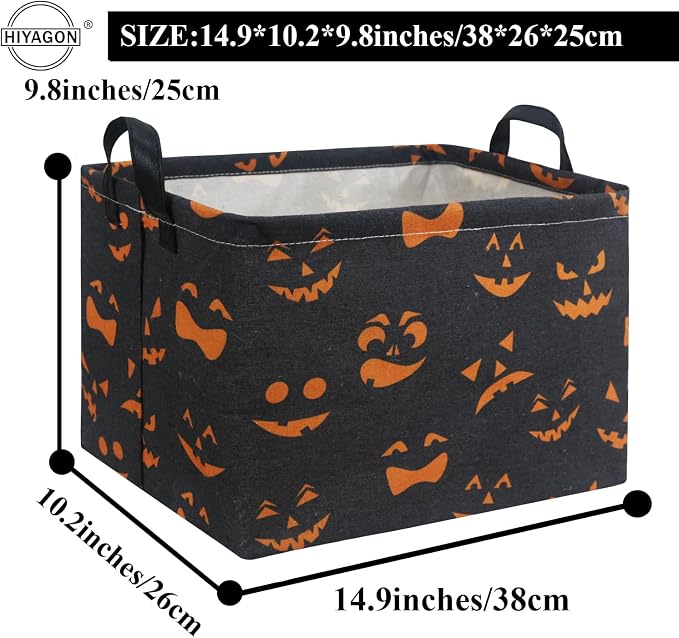 Rectangular Halloween Basket for Boys and Girls Kids Trick or Treat Pumpkin Basket for Halloween Parties Cute Storage Bin Organizer Box Room Decor(Black Pumpkin Face)
