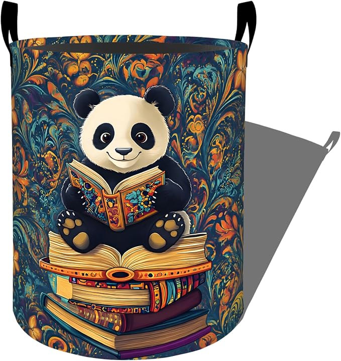 Panda Book Laundry Basket, Reading Animal Bookshelf Storage Hamper, Round Collapsible Waterproof Cloth Bin, 19.7x15.7 Inch Bookish Clothes Organizer Gifts for Bathroom Decor