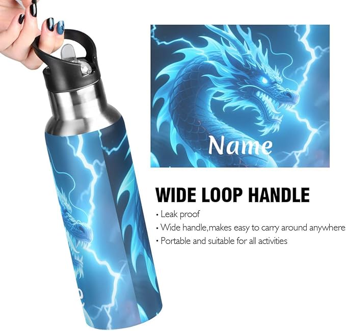 Custom Name Dragon Blue Lightning Water Bottle with Straw Lid Kids Insulated Stainless Steel Water Flask Sports, 20 Oz Hot Cold