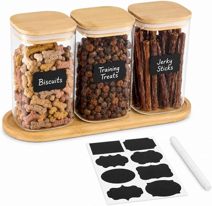 Dog Treat Container, Large Dog Treats Container, Farmhouse Wood Pet Treats Storage Organizer for Dog Food Storage Container, with 3 Glass Jars, Cat Dog Biscuit Dispenser, Great Gift for Pet Dog Owners
