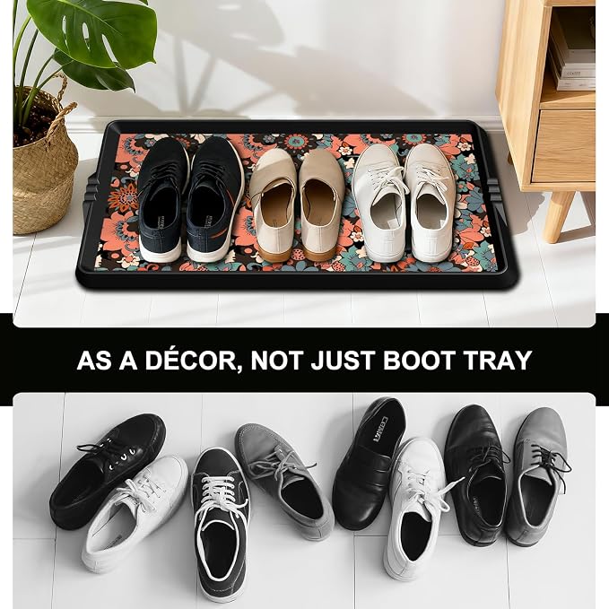 BEHERO Boot Tray Shoe Mat Decorative Patterned, Rubber Shoe Matt Tray Indoor/Outdoor Use, 16" x27.5" Shoe Cleaning Mat Non-Slip, Shoe Storage Waterproof Flower Prints for Entryway, Sunlit Blossom