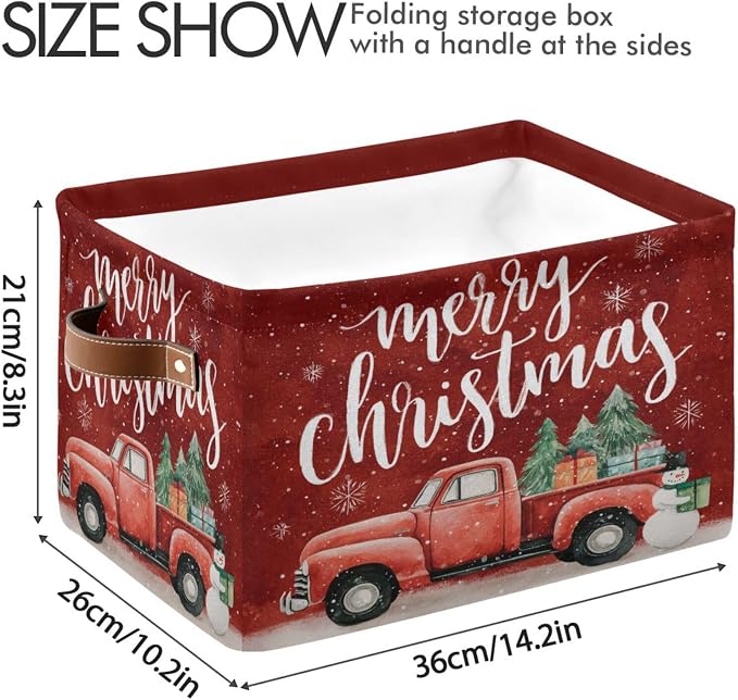 Christmas Red Snowman Truck Print Rectangular Storage Bin Basket with Handles - Laundry Storage Basket Organizer Bins for Pets Room Books Closet