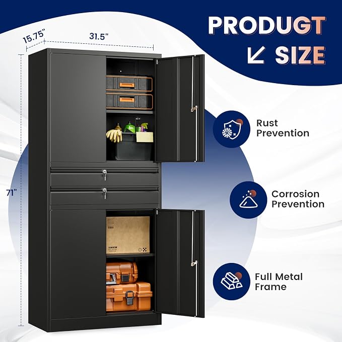 Metal Garage Storage Cabinet with Locking Doors and Adjustable Shelves, 71" Tool Storage Cabinet with 2 Drawer for Garage,Warehouse