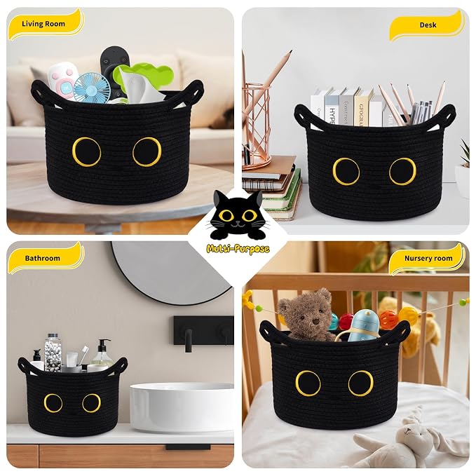 Cute Cat Toy Basket, Large Cotton Rope Toy Bin Box for Cats Bin | Oval Baby 0rganize Blanket Shower Hamper with Handles, Decorative Storage Cat Bin, Halloween Decor,13"D x 8"H IN