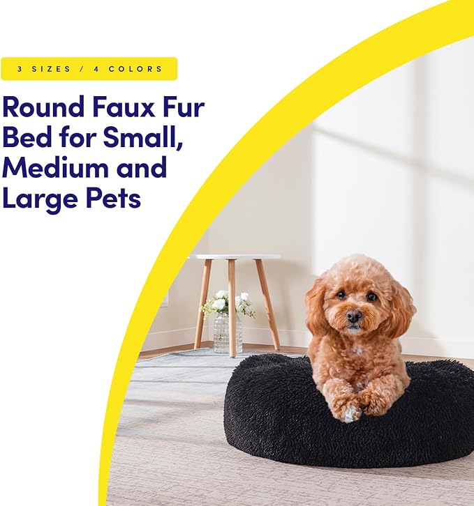 Dog & Cat Bed: Round Faux Fur Pet Bed - Plush, Cozy, & Calming Donut Bed for Large Pets - Soft & Comfortable Sleeping Cushion for Napping & Lounging, 30" Round, Black
