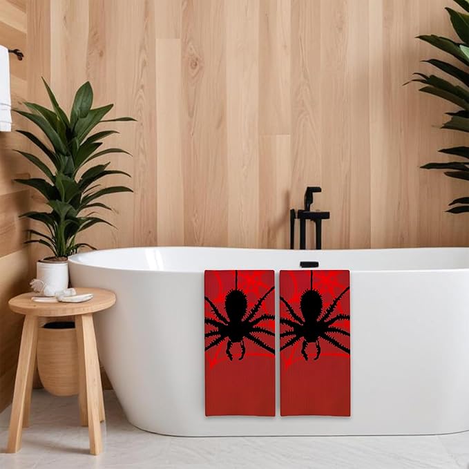 Red Spider and Spider Web Hand Towels,Set of 2 Absorbent Bath Towel Kitchen Dish Towel Home Gym Hotel Bathroom Decor,16x24 Inches