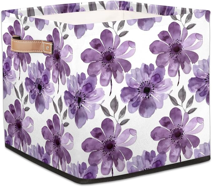 Purple Floral Cube Storage Bin, 13 Inch Collapsible Fabric Storage Cubes Bin, Watercolor Flower Leaves Wildflower Foldable Cube Baskets for Shelf, Closet, Organizer