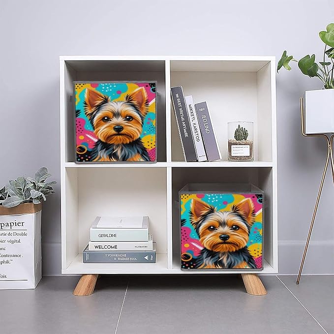 Yorkie Dog Art Storage Bin with Handles, Oxford Fabric Foldable Storage Cube Organizer for Clothes, Towels, Bedroom, Living Room, Home Organization