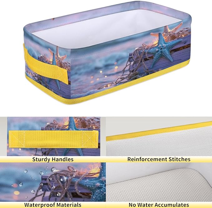 Starfish Beach Lights Bathroom Storage Basket, Foldable with Handle Open Countertop Paper Towel Decorative Box, Toilet Tank Top Shelf Baskets for Home Closet Bedroom Living Room Office