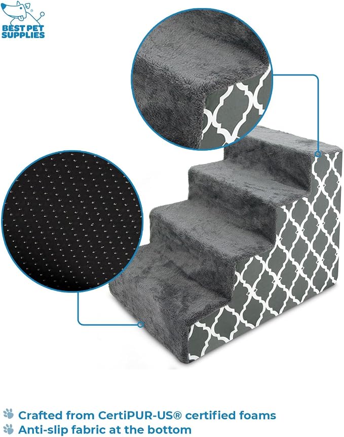 Best Pet Supplies Dog Stairs & Steps - Foam Steps for Small Dogs & Cats, Non-Slip Indoor Balanced Pet Step Support, Dog Ramp, No Assembly, Gray Lattice Print, 4-Step (18-inch Height)