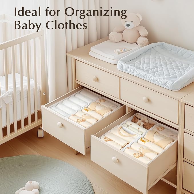DIMJ Drawer Organizers Clothes, Set of 12 Dresser Organizer Bins, Fabric Closet Organizers and Storage, Shallow Drawer Dividers for Nursery, Clothing, Baby Clothes, Socks, Underwears, Tie (White) | for Baby Nursery Drawers To Sort Socks, Bibs, for Clos...