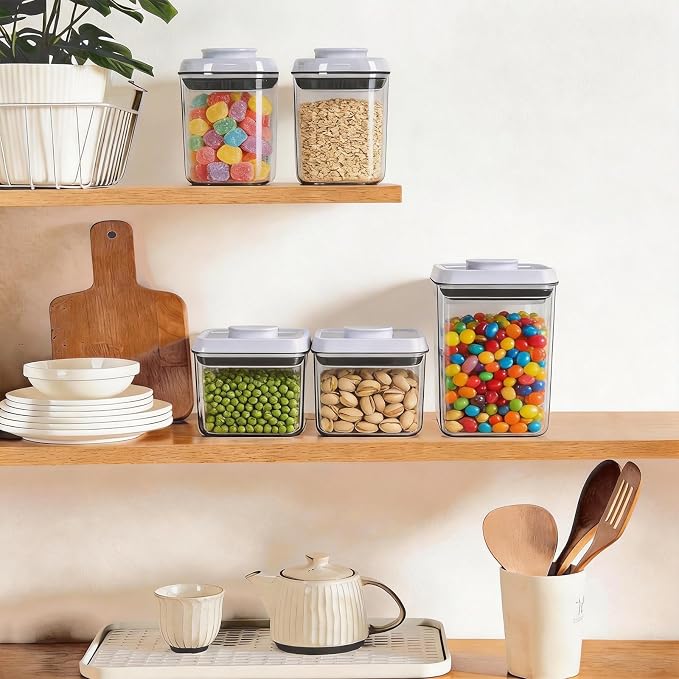 Pop Push Button Airtight Food Storage Containers with Lids | 3 Sizes: 0.65/0.7/1.8Qt for Cereal Flour Sugar Snacks Pet Food, BPA-Free Space-Saving Pantry Kitchen Canisters