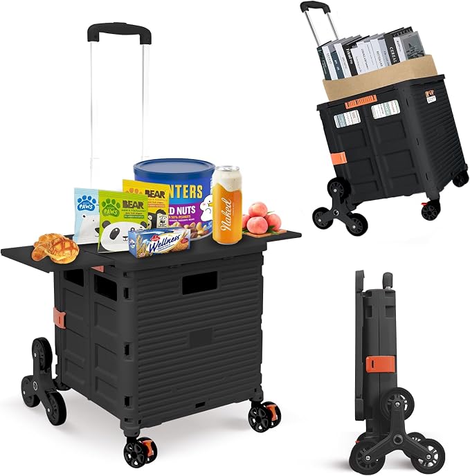 Foldable Utility Cart Collapsible Portable Crate Rolling Carts with Stair Climbing Wheels Tote Basket with Magnetic Lid Telescopic Cover Wear-Resistant 360°Rotate Wheel Noiseless for Shopping Office