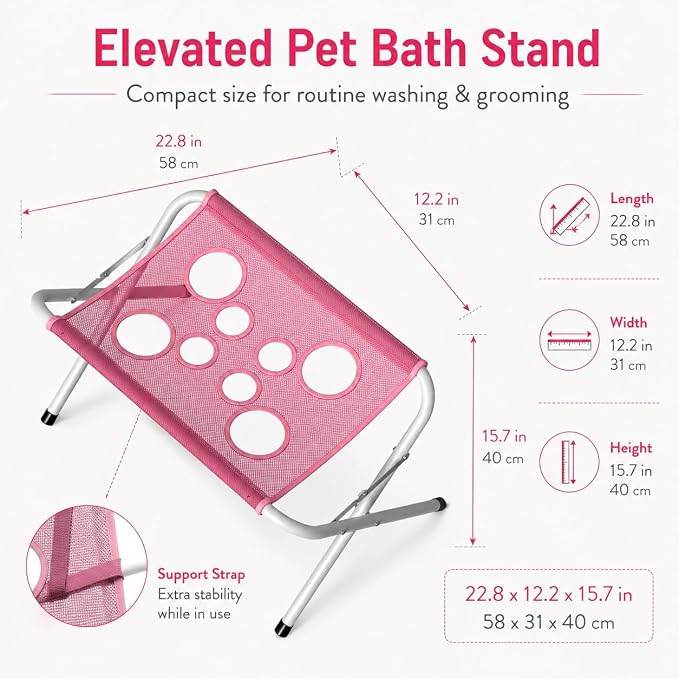 Foldable Pet Bathing Stand, Dog Grooming Bath Stand with Mesh Surface (Gray) | Elevated Dog Washing Station with Support Strap, Portable Metal Frame Bathing Rack for Small Dogs and Cats