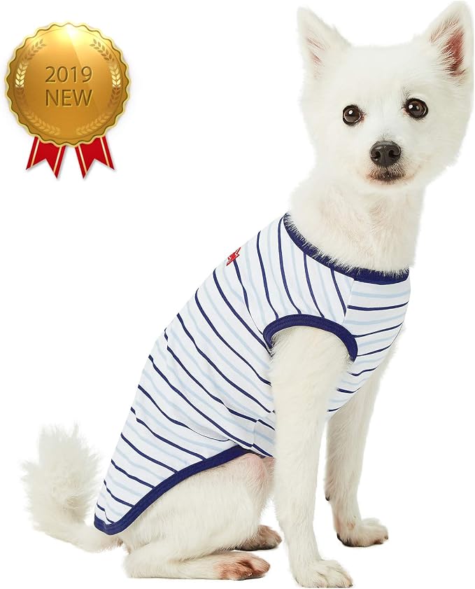 Blueberry Pet Soft & Comfy Summer Vacation Beach Cotton Dog T-Shirts, 2 Pack, Sea Lover Navy Sailor Shirts Tank Top Clothes, Back Length 12", for Small Medium Dogs