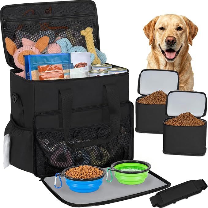 TORIBIO Large Dog Travel Bag for Supplies with Food Bowl | With 2 Food Container and Collapsible Bowls, Mat & Divider, Water-resistant, Pet Travel Kit for Weekend, Road Trips, Camping