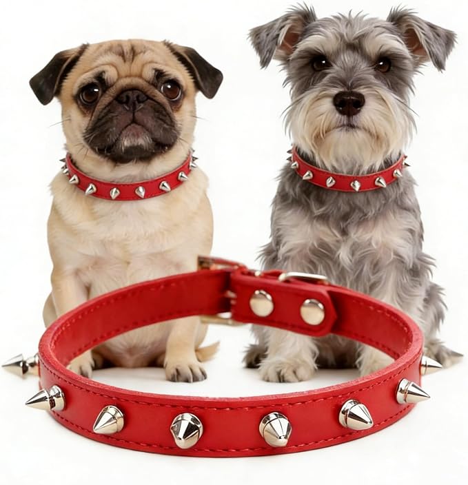 Enjoying Spike Cat Collar, Spiked Dog Collar for Small Dogs, Anti-Bite Studded Protective, Faux Leather Spiky Collar with Metal Rings for Hold Pet Tags/Leash, Adjustable, Red, S