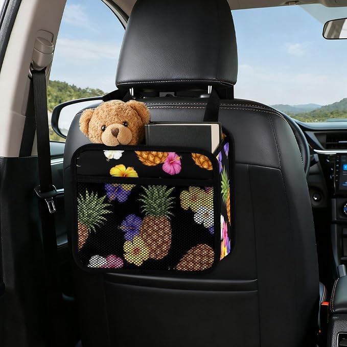 Car Seat Back Hanging Bag Backseat Organizer with Adjustable Buckle, | Tropical Plants Pineapple Funny Floral, Automotive Interior Storage Pouch PU Leather, Universal Fit for Vehicle Truck