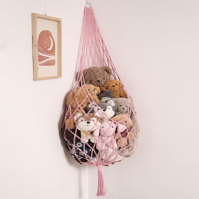Amdermi Stuffed Animal Hammock Corner Hanging Net for Stuff Animal Storage Macrame Plush Toy Holder-Perfect for Tiny Space Walls-Kid Bedroom Decor Nursery Playroom Organizer (Light Pink XL)