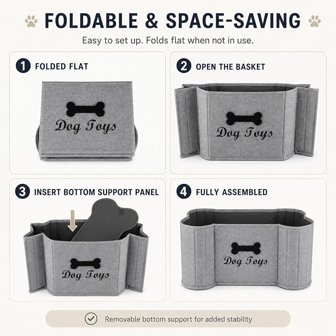 Large Dog Toy Basket Dogs Bone Basket Collapsible Dog Toy Bin Toy Box ,Pet Stuff Organizer, Fabric Puppy Toy Box with Diy Tag -Gray