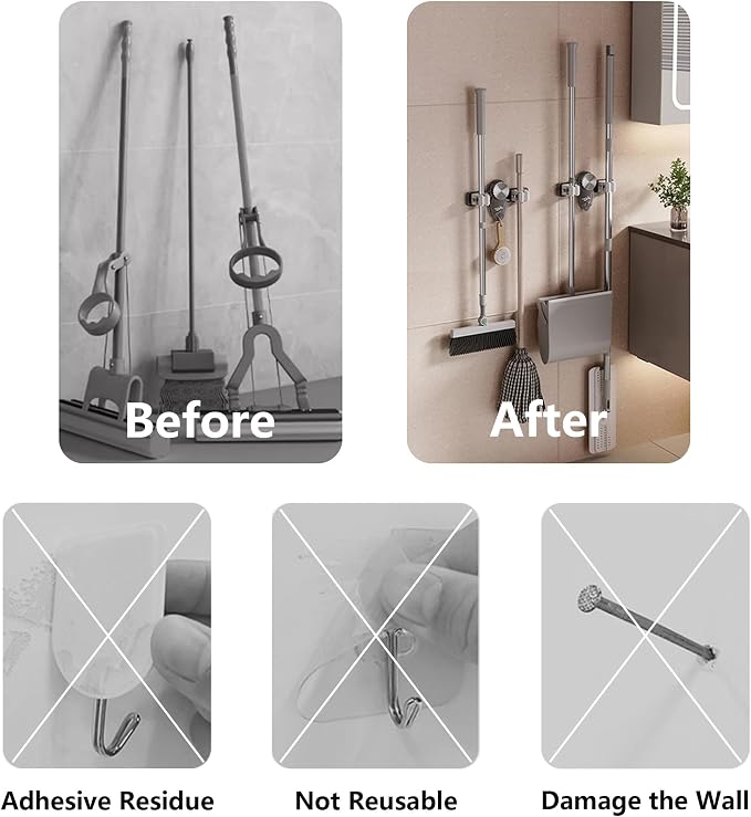 Broom Holder Mop Hanger Wall Mount, No Punching Required Mop and Broom Hanger Organizer, Adjustable Suction Cup Mop Grippers for Kitchen, Bathroom, Garage, Laundry Room (4PCS-G&T)