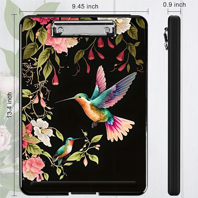 A4 Clipboard with Storage Pen Holder, Clipboards Organizer Nursing Clipboard Foldable File Folder Plastic Clipboard Folio Clip Board for Office Students Classroom Doctor, Flower Hummingbird