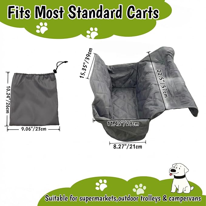 Portable Shopping Cart Cover for Dogs, Secured with Hook and Loop with Safety Ropes, Quilting Grocery Cart Cover, Comfortable and Easy to Clean with Carry Bag (Gray)