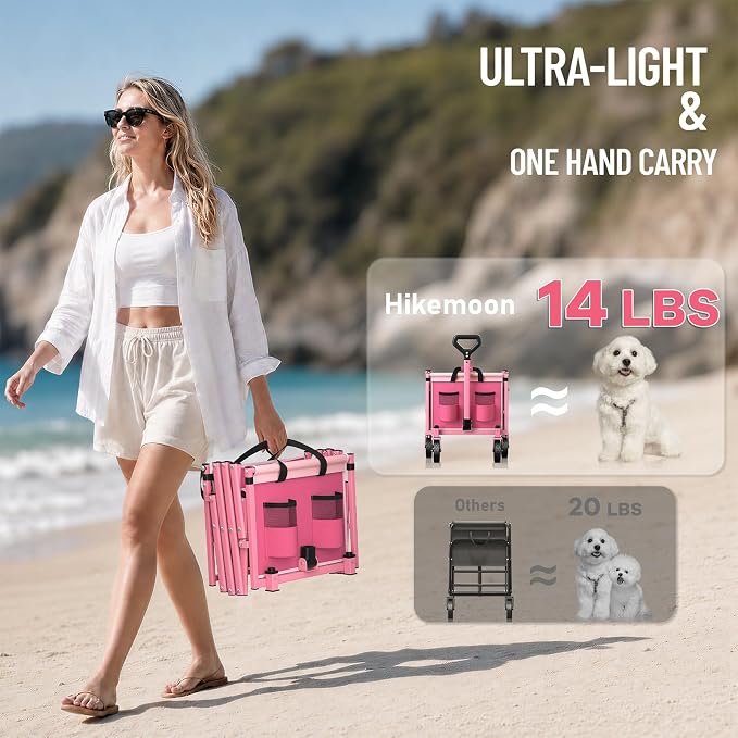 43'' Extra Long Folding Wagon with Extended Tailgate, Pink | Wagons Carts Foldable, 360LBS Heavy Duty, Compact Portable, Utility Collapsible for Shopping/Beach/Garden/Camping/Sports