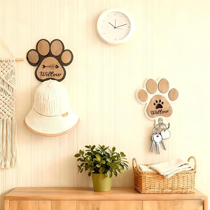 Wooden Dog Leash Holder, Dog Collar Hook and Leash Storage, Personalized Dog Paw Hook, Custom Pet Name Sign Gift, 16 * 16cm(White)