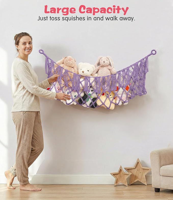 Stuffed Animal Net Hammock, Save Space Eliminate Clutter (Lavender) | Premium Cotton Hand-knitted plush hammock, Boho Stuffed Animal Storage for Nursery, Bedroom Decor, playrooms