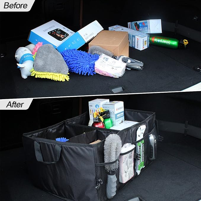 8sanlione Car Trunk Organizer, 3 Compartments, 7 Storage Areas, Black1 | For sedans, SUVs, vans, woven fabric shell, side grips, light-item sorting, wipe-clean care, automotive interior accessories