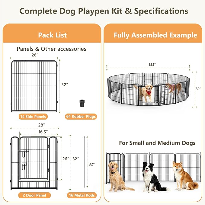 Metal Dog Playpen - 32" Height 16 Panels Foldable Exercise Pen for Dogs Indoor/Outdoor Pen with Door for Pet Animals Portable Pet Playpen Polygon Dog Enclosure (Black)