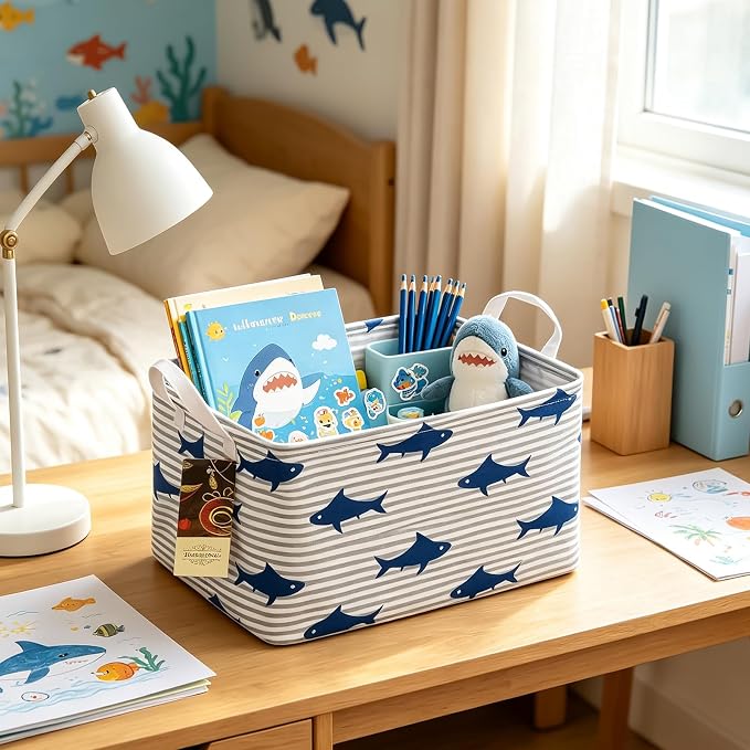 Rectangle Foldable Storage Basket Handles For Home, Shark | Waterproof canvas material, reinforced handles, perfect for shelf use, organizes clothes, daily items and pet supplies