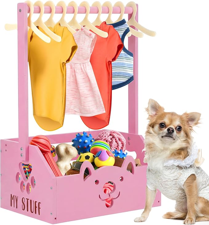 Chunful Dog Closet Wardrobe, Storage Bin, 5 Hangers, Wooden,Pink | Organize Pet Clothes and Toys, For Small Dogs and Cats, Includes Wardrobe Rack and Storage Box, Natural Wood, 19"x13"x9"
