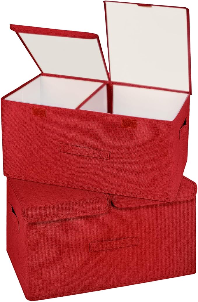 2 Pack Storage Boxes with Lids and Handles, Collapsible Linen Storage Bins Organizer Containers Baskets Cube with Removable Divider for Home Bedroom Closet Office (Red, Large)
