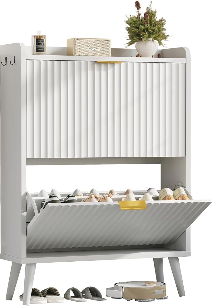 Shoe Storage Cabinet for Entryway with 2 Flip Drawers,Fluted Door | Shoe Organizer Cabinet with Adjustable & Removable Shelves,Narrow Shoe Cabinet for Foyer, Hallway, Living Room, 2 Hooks,White